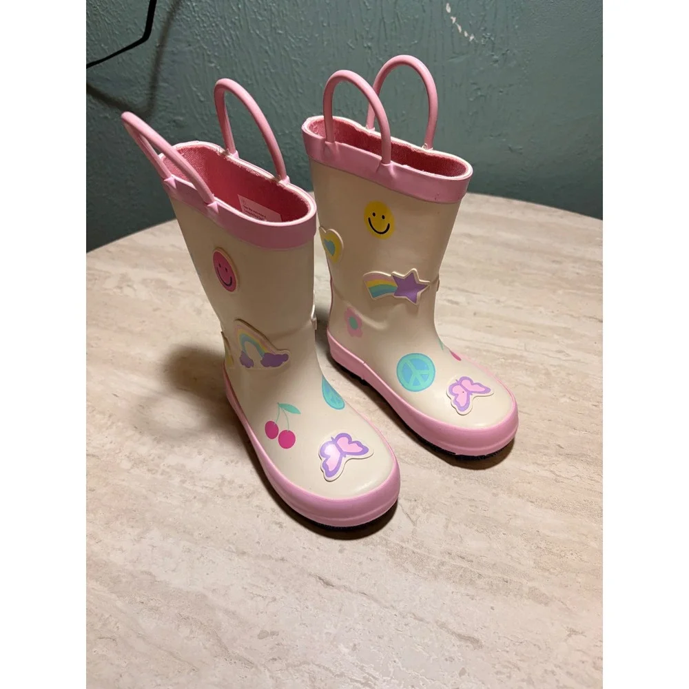 Cat & Jack Toddler Girls Pink Cream Rain Boots Rainbow Smiley Pull On Size 7 NEW